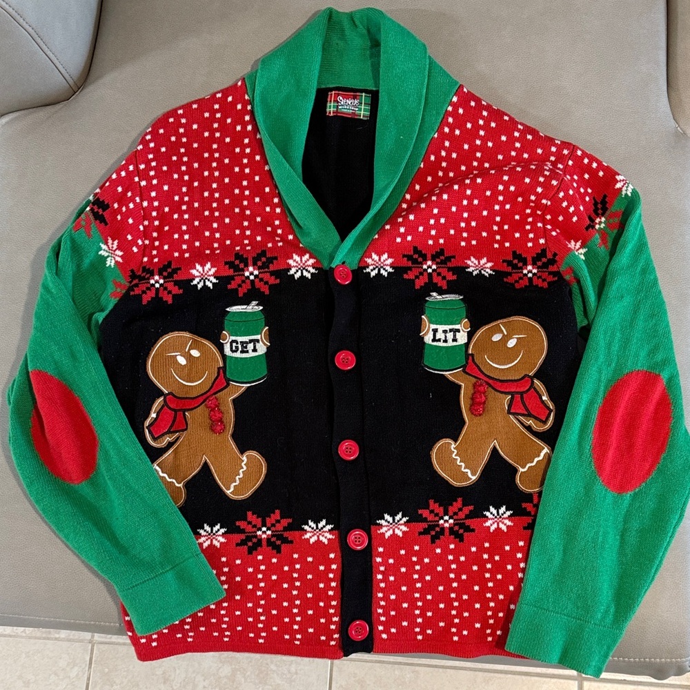 Festive Green and Red Sweater with Gingerbread Design
